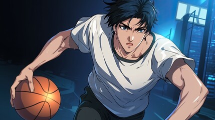 Animated male character with dark hair and determined expression playing basketball in a futuristic urban cityscape at night, detailed anime style illustration