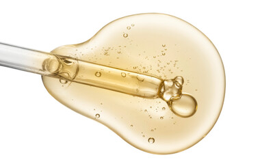 golden serum droplet with pipette on white background