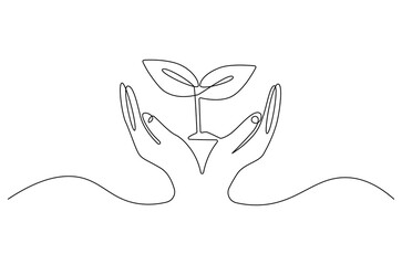 Continuous one line drawing of Hands holding growing seedlings. Single line drawing illustration of Hands holding leaf. Go green energy concept vector art. Doodle line illustration.