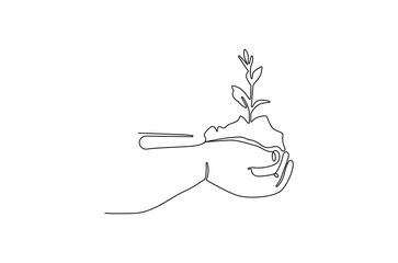 Continuous one line drawing of Hands holding growing seedlings. Single line drawing illustration of Hands holding leaf. Go green energy concept vector art. Doodle line illustration.