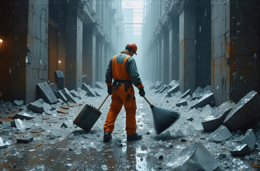 A lone worker sweeps a debris-strewn street amid heavy rain and large architectural structures. The image evokes a sense of solitude, reflecting an aftermath of a destructive event. The city is engulf