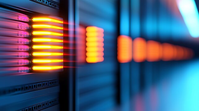 Futuristic Server Room with Glowing Orange and Blue Lights - Powered by Adobe