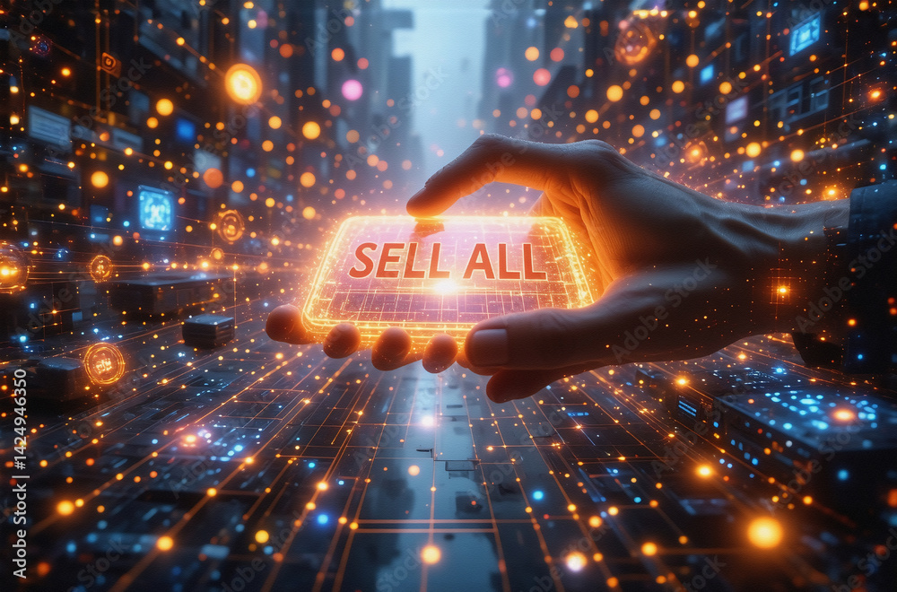 Aufkleber the image presents a digital hand holding a glowing, rectangular object with a message, amidst a fut