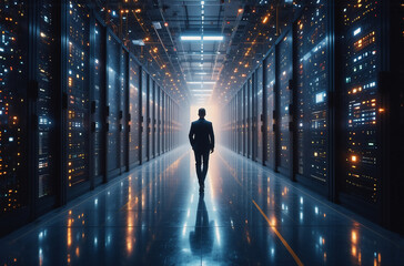 A person walks through a futuristic data center, reflecting lights and technology in a long, hallway-like space. The image hints at digital infrastructure, processing power, and advanced technological