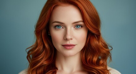 Fototapeta premium Beautiful red-haired woman with blue eyes portrait on blue background
