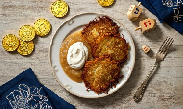 Traditional dish of potato pancakes with applesauce and sour cream, surrounded by dreidels chocolate coins