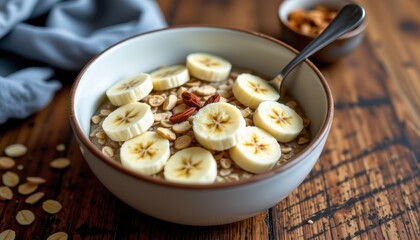 Oatmeal with banana slices and nuts