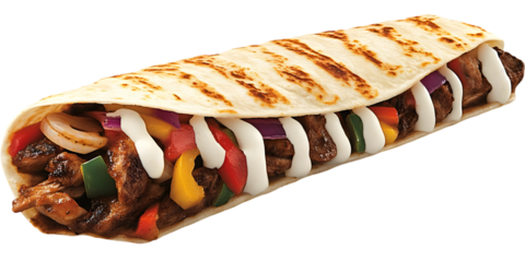 Grilled Tortilla Wrap With Beef Vegetables and White Sauce Isolated on Transparent