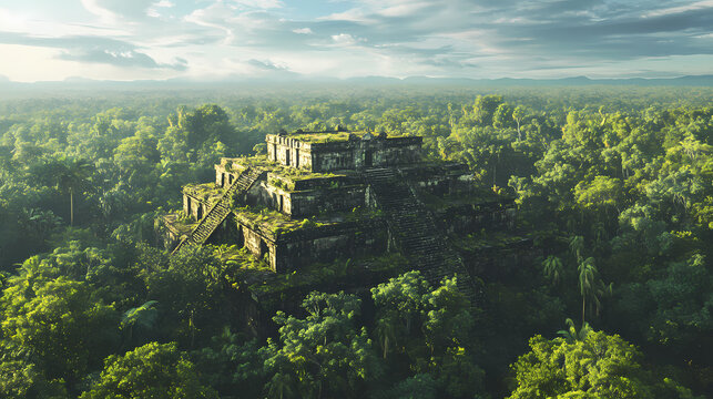 Aztec temple, olmec temple, toltec temple. vast tropical rain forest. lush jungle. blue sky. fantasy forest. clearing in the forest reveling a ancient stone temple ruins. Runeveil Temple. Illustration