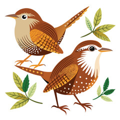 Wren birds set shilhotee vector isolated on white background
