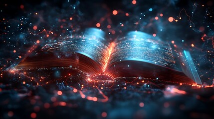 Futuristic Open Book with Digital Data Streams, An open book with glowing digital text and data streams, symbolizing knowledge and technology