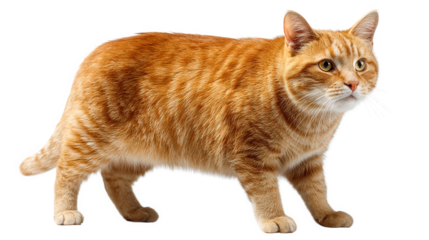 A Oliver cat with orange fur is walking on a white background