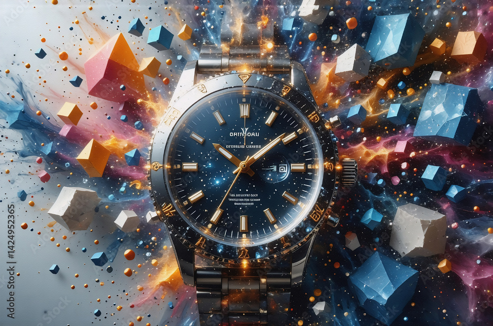 Poster a wristwatch, sparkling in a vibrant cosmic burst, surrounded by multicolored geometric shapes. hint