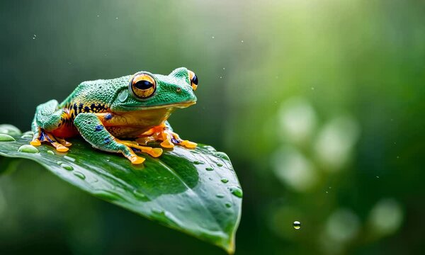 Bright green frog with orange feet perched on dewy leaf, set against blurred background