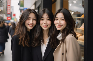 Fototapeta premium Three young Asian women with long dark hair smile warmly for a photo on a city street near a bakery. Their stylish outfits and happy expressions create a cheerful urban scene.