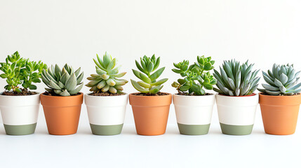Fototapeta premium A charming set of small terracotta pots with white and sage green accents, each holding vibrant succulents or cacti. Perfect for minimalist indoor gardens, home decor, or plant lovers. Stylish