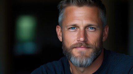 Fototapeta premium Close-up portrait of a man with a thoughtful expression. Mature man with graying beard and blue eyes