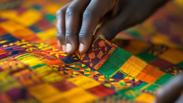 Hands Examining Colorful Kente Cloth Textile
