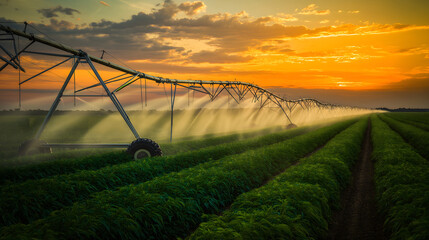 Center Pivot Irrigation System Watering Crops at Sunset