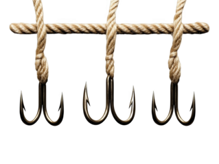 Illustration of Three Metal Hooks and Rope on Transparent Black Background
