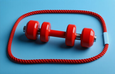 A red dumbbell rests inside a red rope loop against a light blue background.  A simple, minimalist fitness concept.