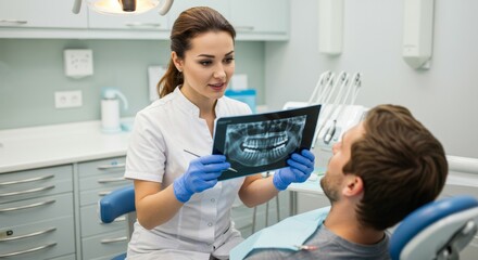 Obraz premium Dentist Examining Panoramic X-Ray of Patient's Jaw