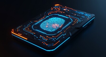 Digital fingerprint scan technology on a futuristic circuit board with neon glow effect design