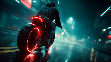 Biker riding futuristic motorcycle in cyberpunk city at night
