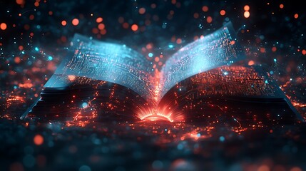 Futuristic Open Book with Digital Data Streams, An open book with glowing digital text and data streams, symbolizing knowledge and technology