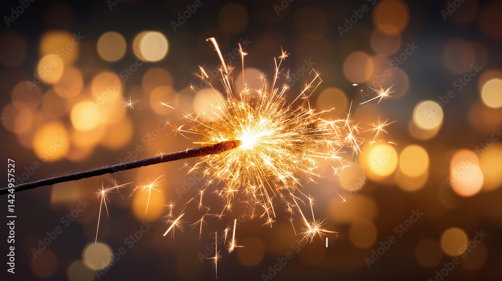 Poster Burning sparkler with golden bokeh lights creating festive atmosphere