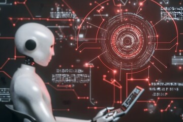 White humanoid robot analyzing holographic red digital interface data