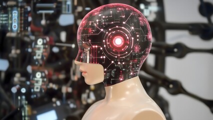 Humanoid mannequin head with illuminated digital circuit patterns