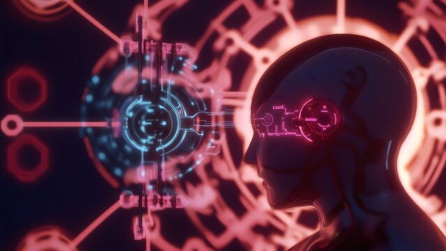 Silhouette of humanoid AI with digital interface and glowing red blue elements