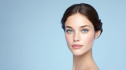 Obraz premium Beautiful skin care and beauty clinic model front of blue background. Empty space for text.