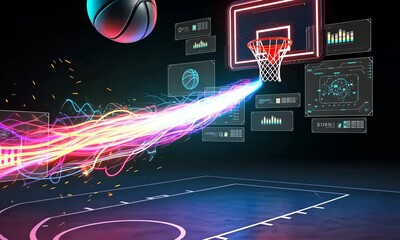 Digital basketball scene showing glowing and hoop with data visualizations holographic effects - Powered by Adobe