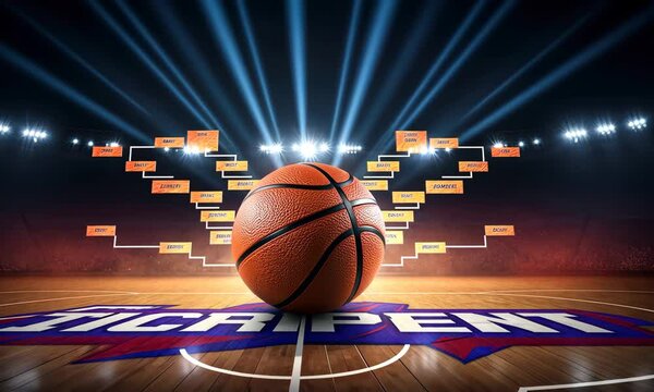 Basketball on court under bright lights with tournament brackets behind