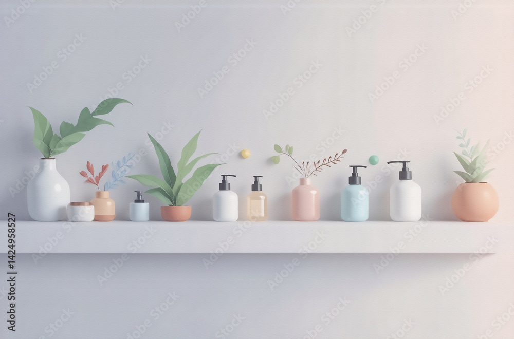 Poster a minimalist shelf displays an array of pastel-colored bottles and small plants, creating a calming,