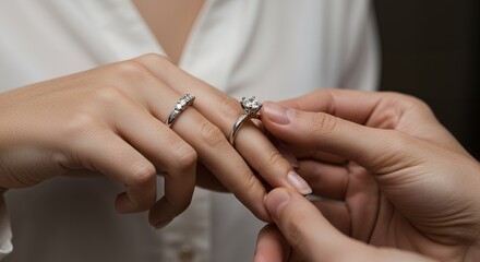Fototapeta premium Man putting engagement ring on woman's finger, a romantic gesture of love.
