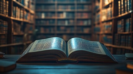 Obraz premium Open Book in a Dimly Lit Library, An open book on a wooden table in a dimly lit library, surrounded by shelves filled with books