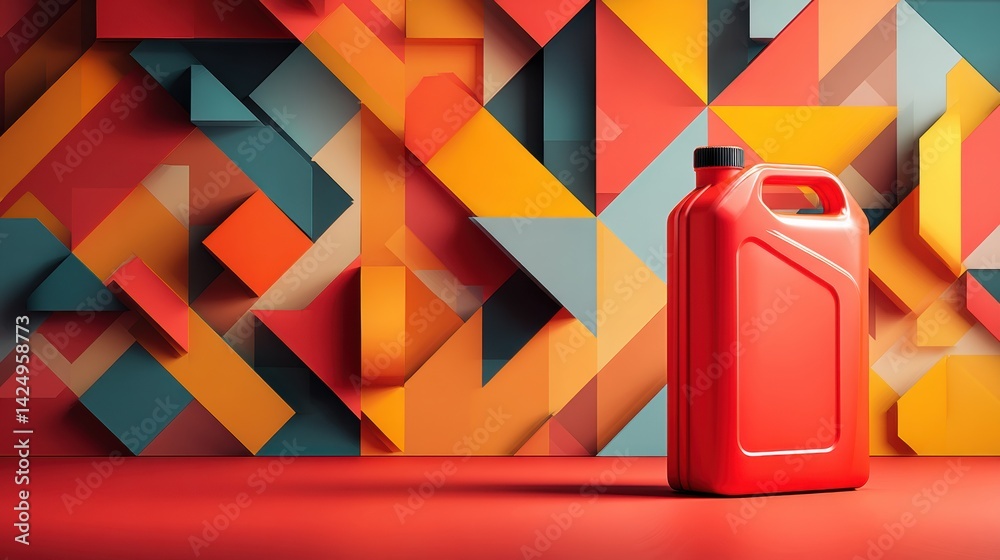 Aufkleber Bright Red Jerrycan Placed Against a Vibrant Geometric Background With Dynamic Shapes in Various Colors Creating a Striking Visual Contrast