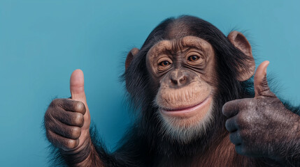 Chimpanzee showing thumbs up and smiling on blue background