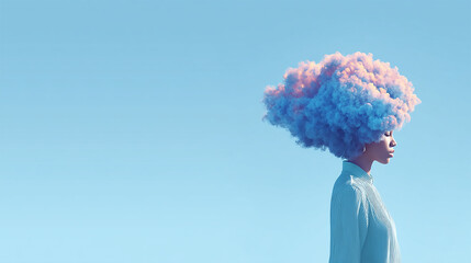 Side view of a afro hair woman and her hair being cloud, visualizing creativity. Empty space for text.