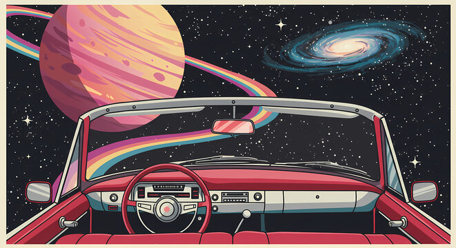 This surreal illustration shows the interior view from a classic red convertible car driving through outer space. 