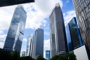Upward view of contemporary glass skyscrapers under a partly cloudy sky representing modern architecture and business hub skyline in daylight