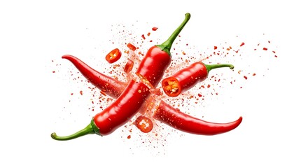 A vibrant display of red chili peppers with one sliced open amidst a burst of colorful fragments