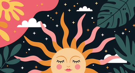 This is a vibrant, abstract illustration featuring a stylized sun with a face surrounded by celestial elements and tropical foliage against a dark background. 