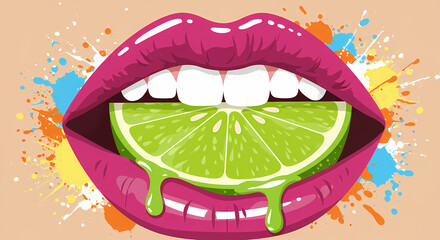 A vibrant pop art illustration features bright pink lips biting into a juicy green lime slice with drips and colorful splashes. 