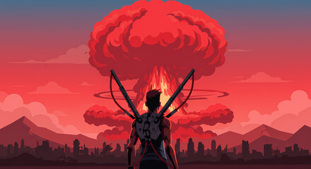 A lone figure stands with their back to the viewer, looking out at a massive red mushroom cloud rising above a ruined city and distant mountains. 