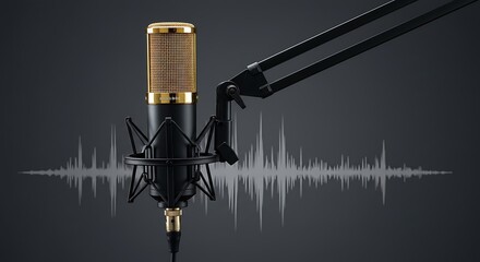 A studio microphone with gold grill and black stand against a gray background with sound waves