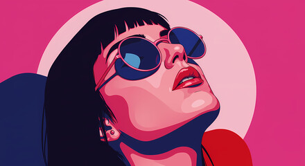 A bold graphic portrait of a woman with dark hair and blue sunglasses looking upwards against a vibrant pink background with a large white circle. 